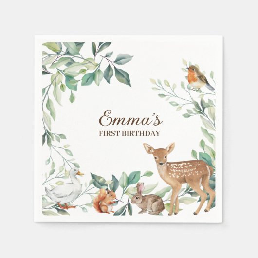 Woodland Forest Animals eerste verjaardag uitnodig Servet (Voorkant)