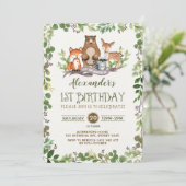 Woodland Forest Animals First 1st Birthday Invite Kaart (Staand voorkant)
