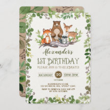 Woodland Forest Animals First 1st Birthday Invite