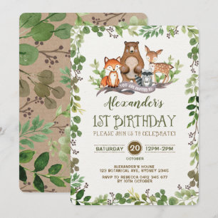 Woodland Forest Animals First 1st Birthday Invite Kaart