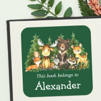 Woodland Forest Animals Green Bookplate Labels