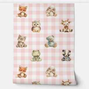Woodland Forest Animals Pink Plaid Baby Girl Behang