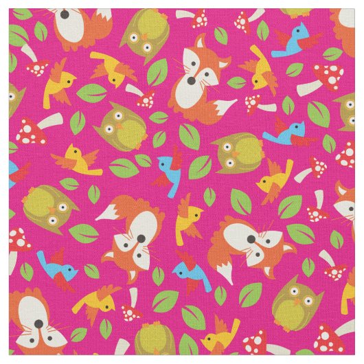 Woodland Forest Animals Pink Stof (Close Up)
