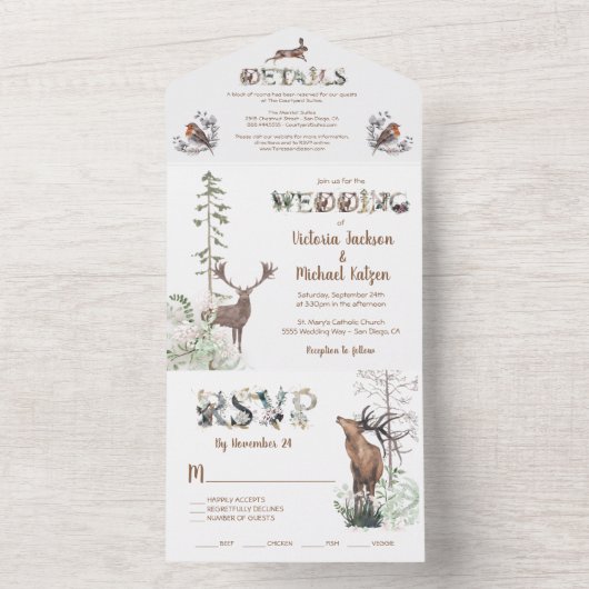 Woodland Forest Animals Wedding All In One Uitnodiging (Binnen)