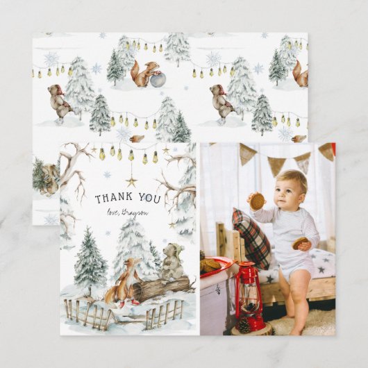 Woodland Forest Animals Winter Birthday Dank u Bedankkaart (Voorkant / Achterkant)