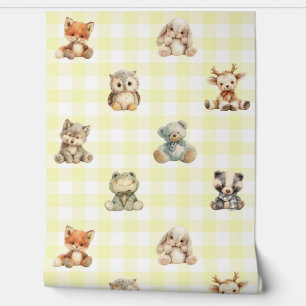 Woodland Forest Animals Yellow Plaid Baby Nursery Behang