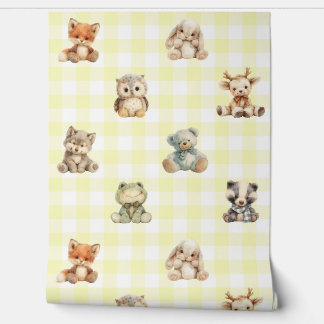 Woodland Forest Animals Yellow Plaid Baby Nursery Behang