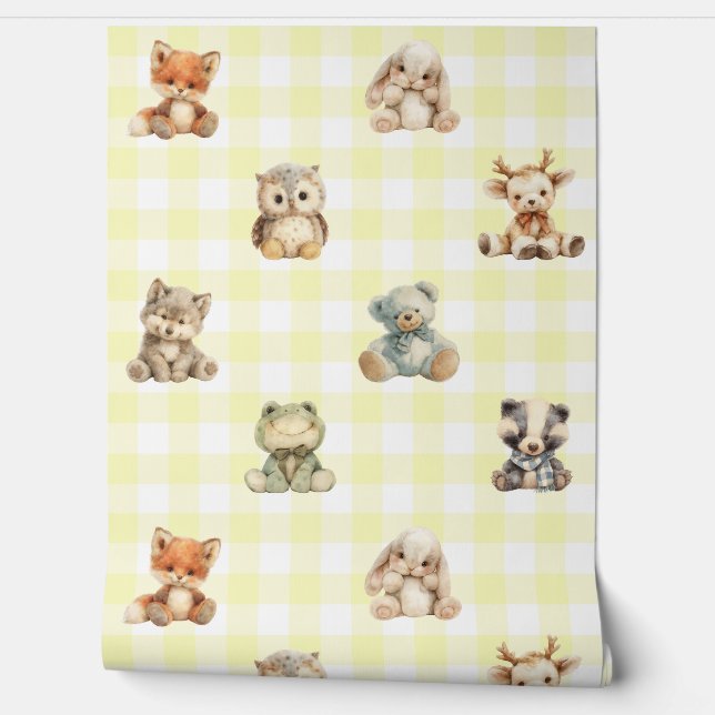 Woodland Forest Animals Yellow Plaid Baby Nursery Behang (Afrollen)