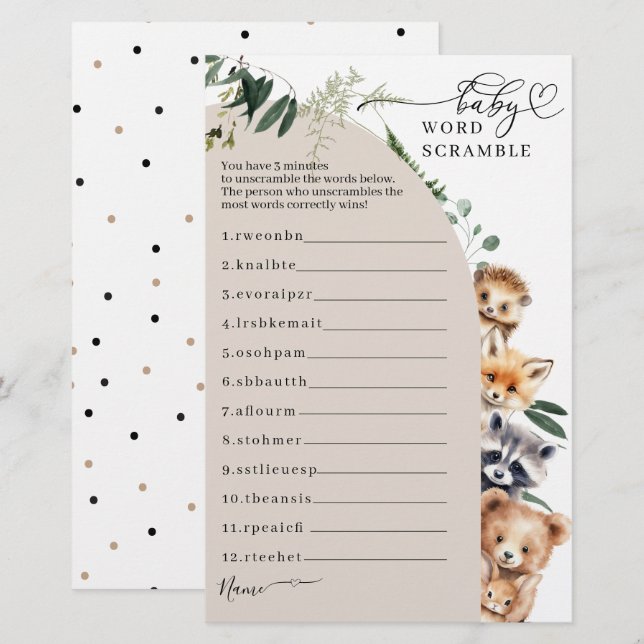 Woodland Forest Baby shower Scramble spel (Voorkant / Achterkant)