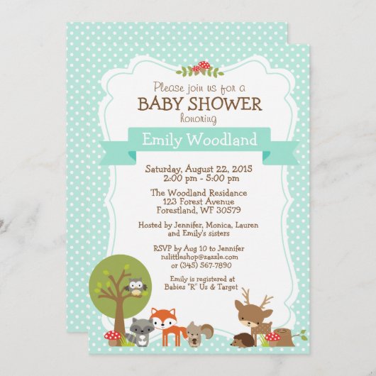 Woodland Forest Baby shower uitnodiging blauw (Voorkant / Achterkant)