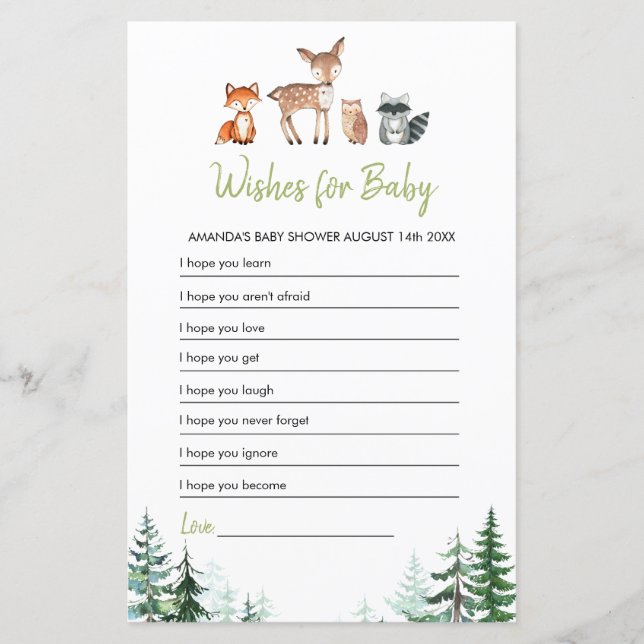 Woodland Forest Baby shower Wishes voor Baby Game (Voorkant)