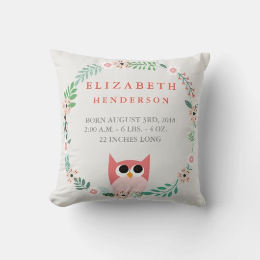 Woodland Forest Birth Stats Owl Nursery Pillow Kussen (Voorkant)