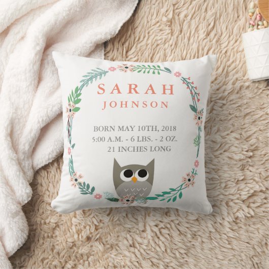 Woodland Forest Birth Stats Owl Nursery Pillow Kussen (Deken)