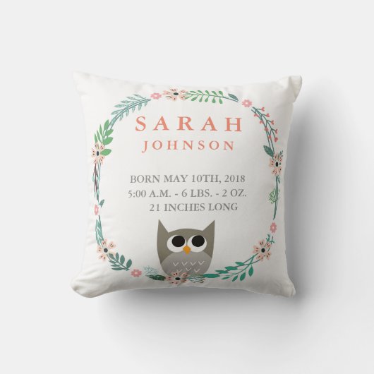 Woodland Forest Birth Stats Owl Nursery Pillow Kussen (Voorkant)