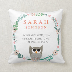 Woodland Forest Birth Stats Owl Nursery Pillow Kussen