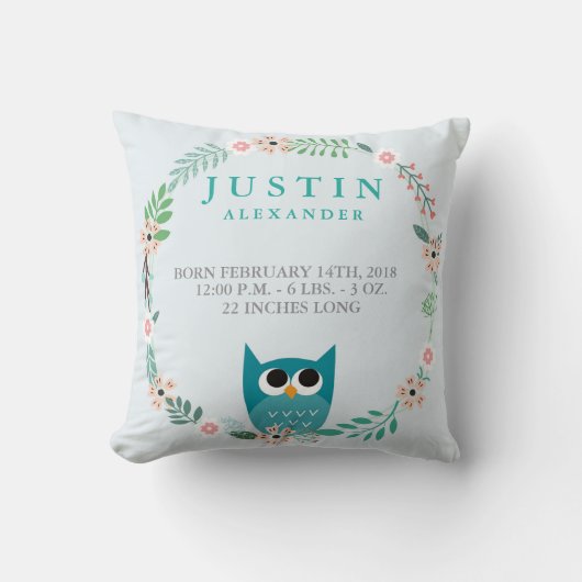 Woodland Forest Birth Stats Owl Nursery Pillow Kussen (Voorkant)