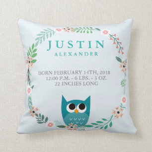 Woodland Forest Birth Stats Owl Nursery Pillow Kussen