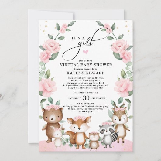 Woodland Forest Blush Pink Flower Virtuele douche Kaart (Voorkant)