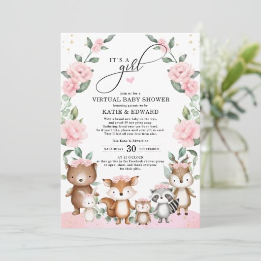 Woodland Forest Blush Pink Flower Virtuele douche Kaart (Staand voorkant)