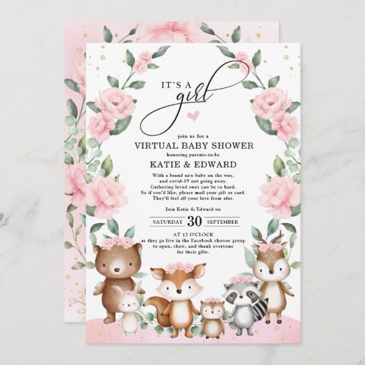 Woodland Forest Blush Pink Flower Virtuele douche Kaart (Voorkant / Achterkant)