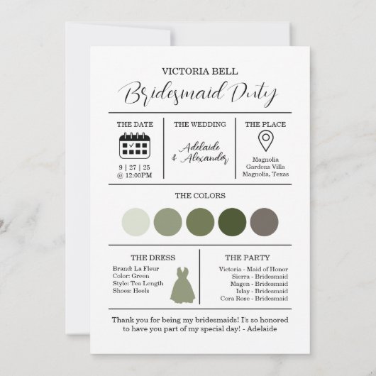 Woodland Forest Bridesmaid Informatie Kaart (Achterkant)