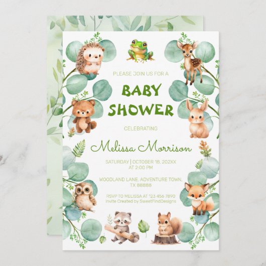 Woodland Forest Creatures Baby Jongen Douche Kaart (Voorkant / Achterkant)