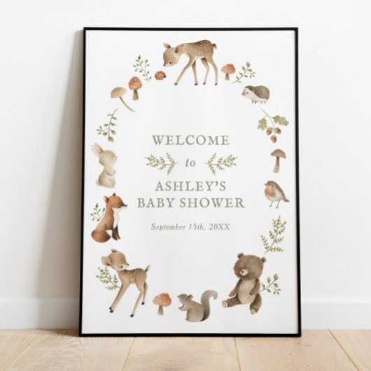 Woodland Forest Creatures Baby shower Welcome Poster
