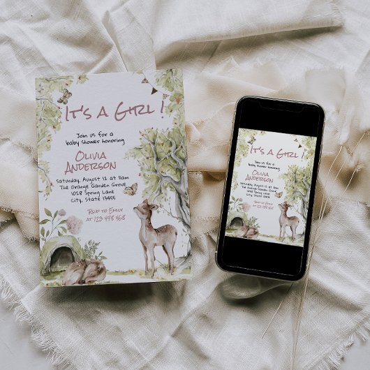 Woodland Forest Cute Deer Animals Girl Baby Shower Kaart