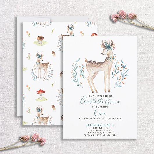 Woodland Forest Deer Baby's First 1st Birthday Kaart
