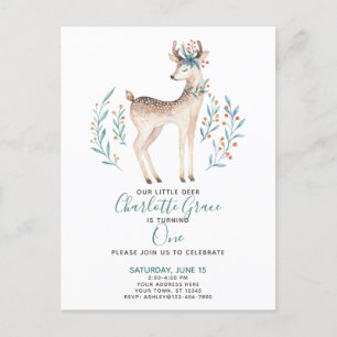Woodland Forest Deer Baby's First 1st Birthday Uitnodiging Briefkaart