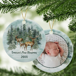 Woodland Forest Deer First Kerstfoto Keramisch Ornament