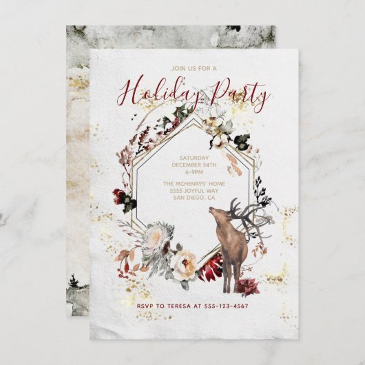 Woodland Forest Deer Floral Holiday Party Kaart (Voorkant / Achterkant)