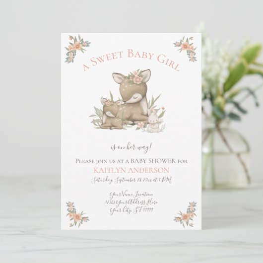Woodland Forest Deer Mama Baby Girl Shower w Bunny Kaart (Staand voorkant)