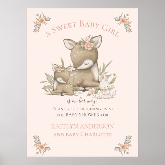 Woodland Forest Deer Mama Baby Girl Shower Welkom Poster (Voorkant)