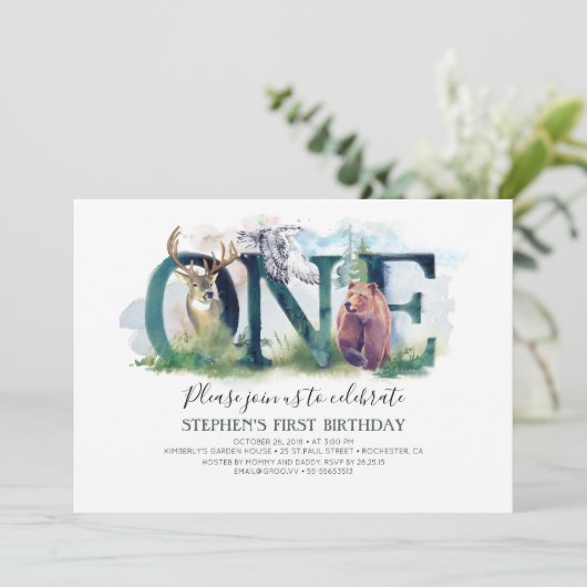 Woodland Forest Dieren 1e Verjaardag Uitnodiging (Staand voorkant)