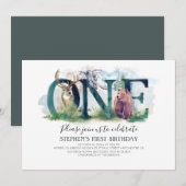 Woodland Forest Dieren 1e Verjaardag Uitnodiging (Voorkant / Achterkant)