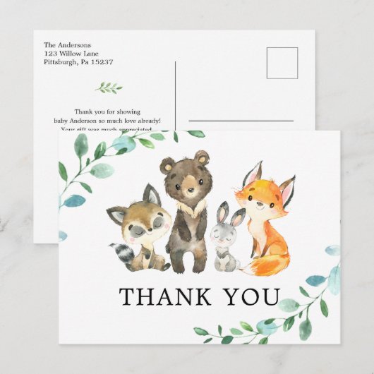 Woodland Forest Dieren Dank u Briefkaart (Voorkant / Achterkant)