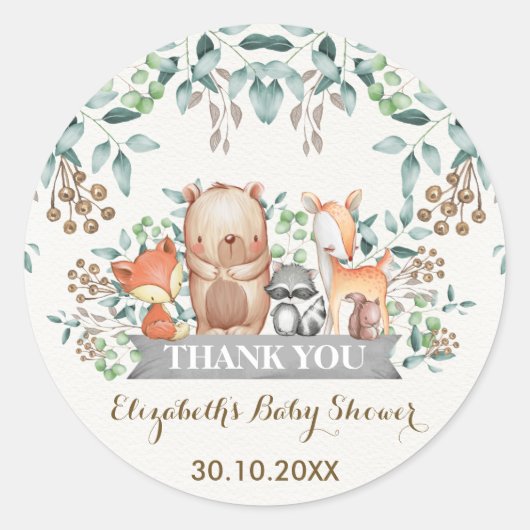 Woodland Forest Dieren Dank u Sticker gunsten (Voorkant)