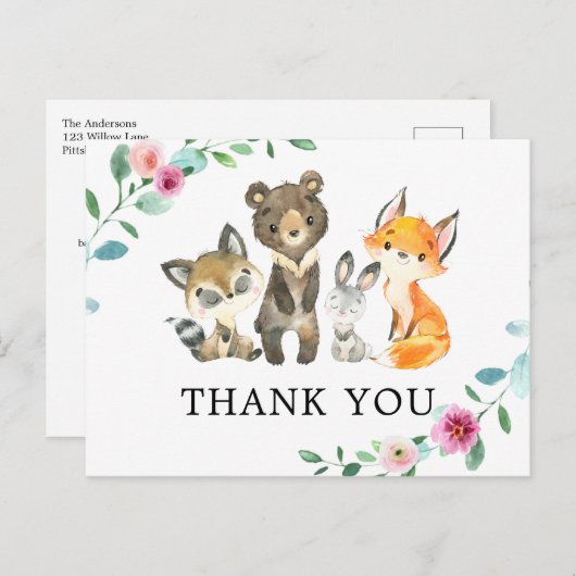 Woodland Forest Dieren Roze Dank u Briefkaart (Voorkant / Achterkant)