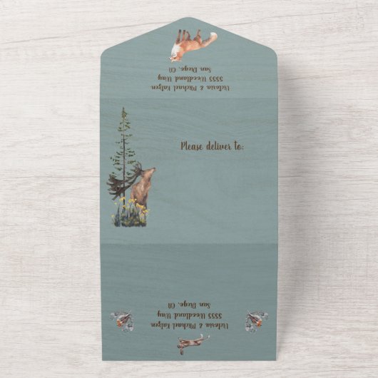 Woodland Forest Dieren Stoffig Blauw Bruiloft All In One Uitnodiging (Buitenkant)