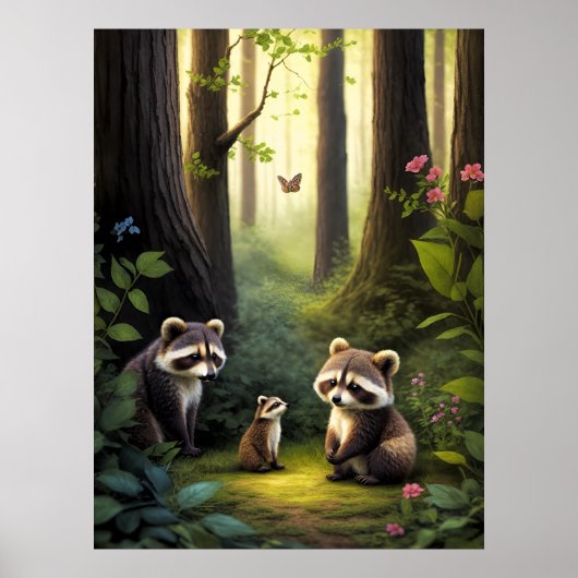 Woodland Forest dieren wasbeer familie AI kunst Poster (Voorkant)