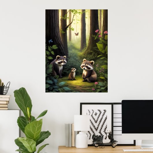 Woodland Forest dieren wasbeer familie AI kunst Poster (Thuiskantoor)