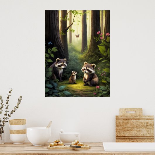 Woodland Forest dieren wasbeer familie AI kunst Poster (Keuken)