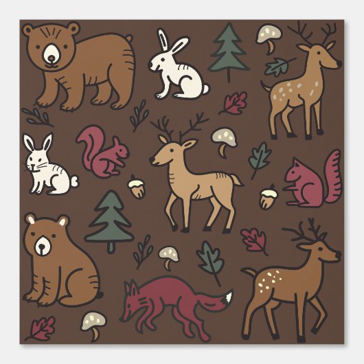 Woodland Forest Doodle Animals Brown Behang (Voorkant)