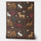 Woodland Forest Doodle Animals Brown Behang (Afrollen)