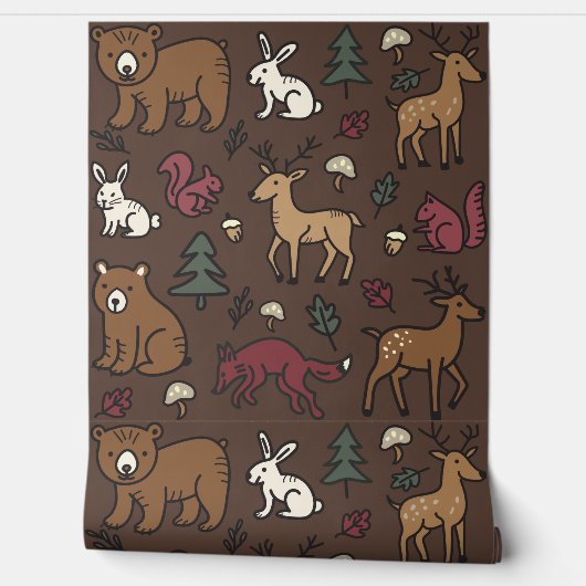 Woodland Forest Doodle Animals Brown Behang (Afrollen)