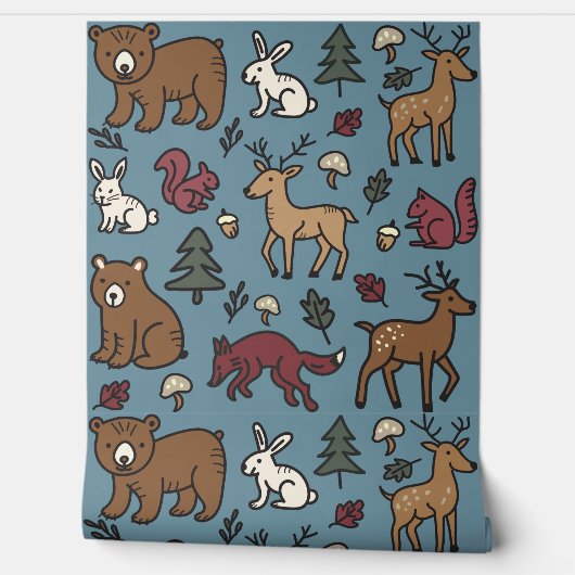 Woodland Forest Doodle Animals Cream Behang (Afrollen)