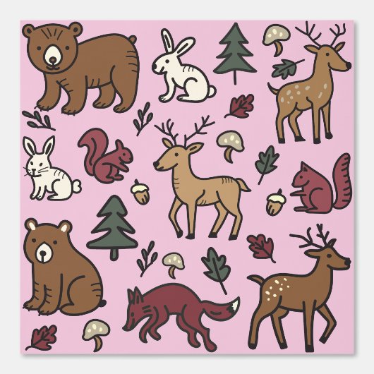 Woodland Forest Doodle Animals roze Behang (Voorkant)