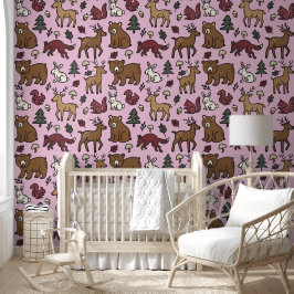 Woodland Forest Doodle Animals roze Behang