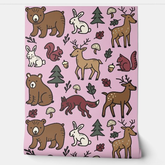 Woodland Forest Doodle Animals roze Behang (Afrollen)